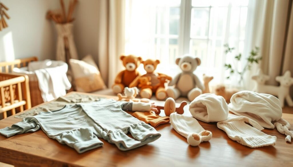 A cozy, well-lit nursery featuring an array of organic baby clothes gently laid out on a wooden table. In the foreground, soft cotton onesies, leggings, and hats in earthy tones like sage, terracotta, and ivory. In the middle ground, a selection of plush, ethically-sourced stuffed animals and natural wooden toys. The background showcases a soothing, neutral-toned wall with a large window allowing natural light to flood the scene, creating a warm, inviting atmosphere. The composition emphasizes the delicate textures and high-quality materials of the organic baby apparel, capturing the essence of responsible, thoughtful shopping for one's little one.